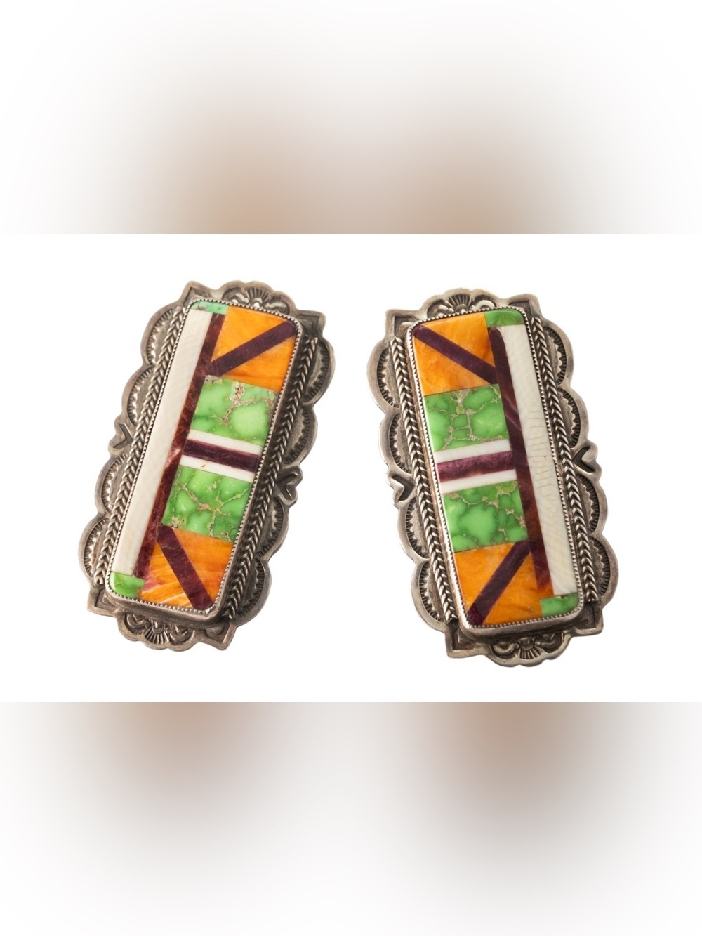 Inlay Sterling Silver Earrings Aldrich Green Turquoise Spiney Oyster Sugilite